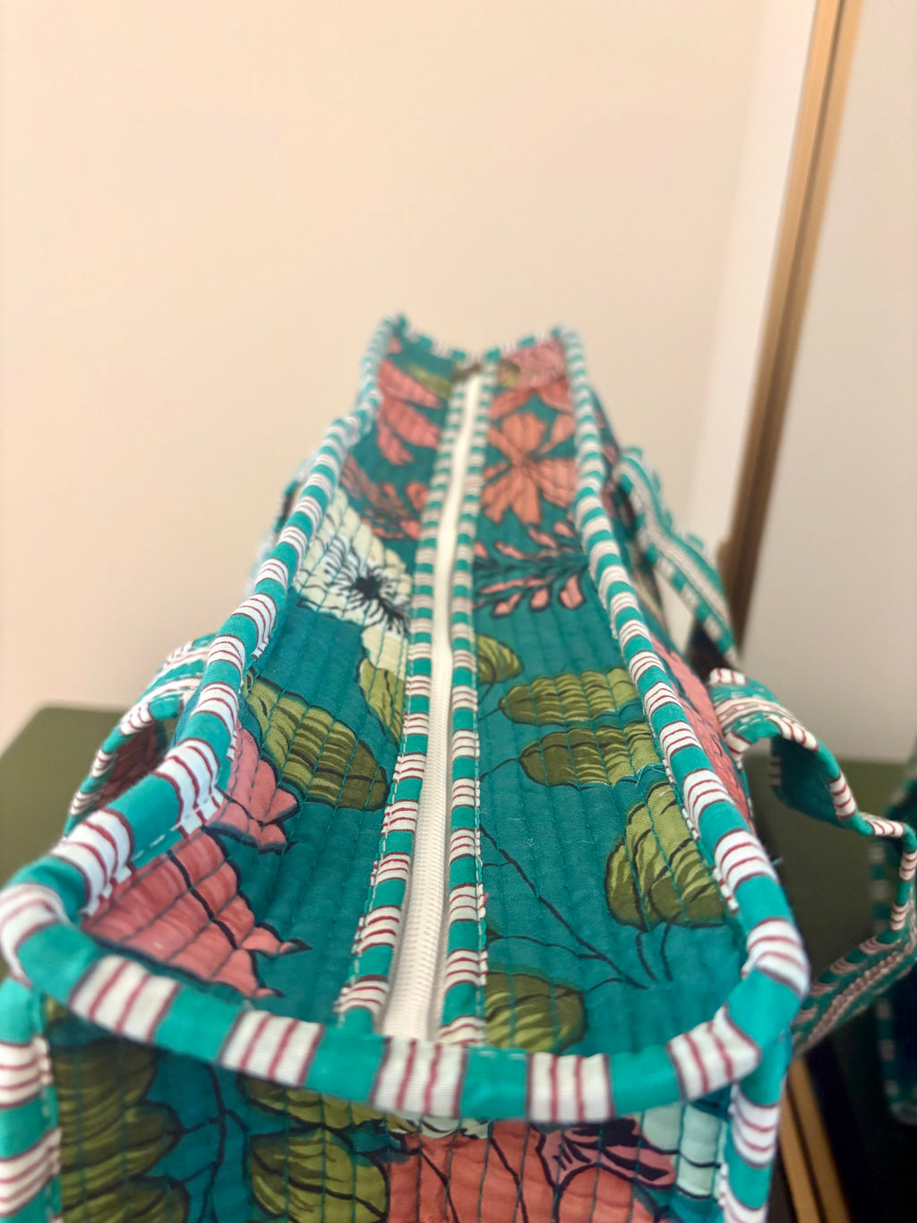 Quilted Teal Floral Tote Bag