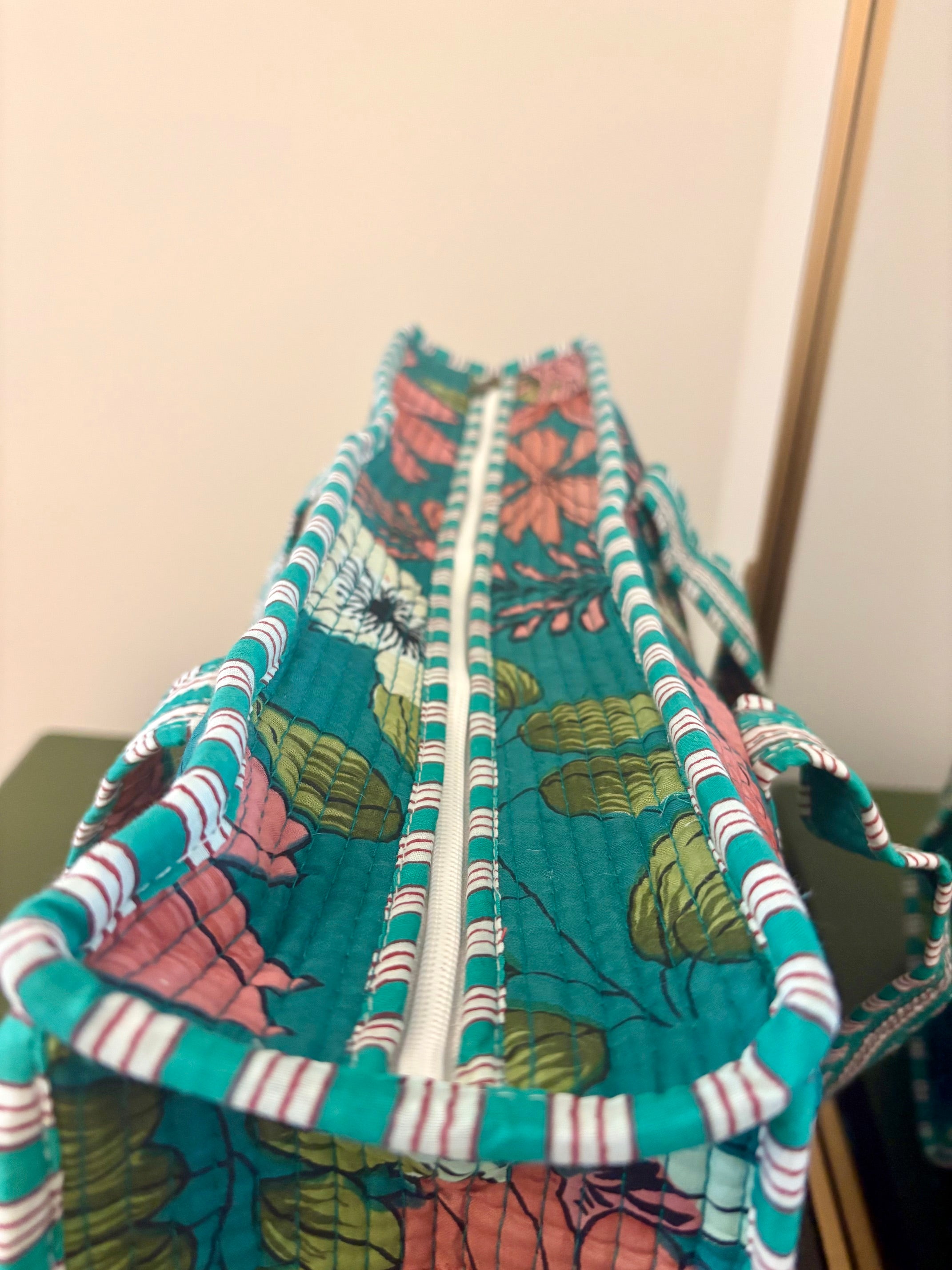 Quilted Teal Floral Tote Bag