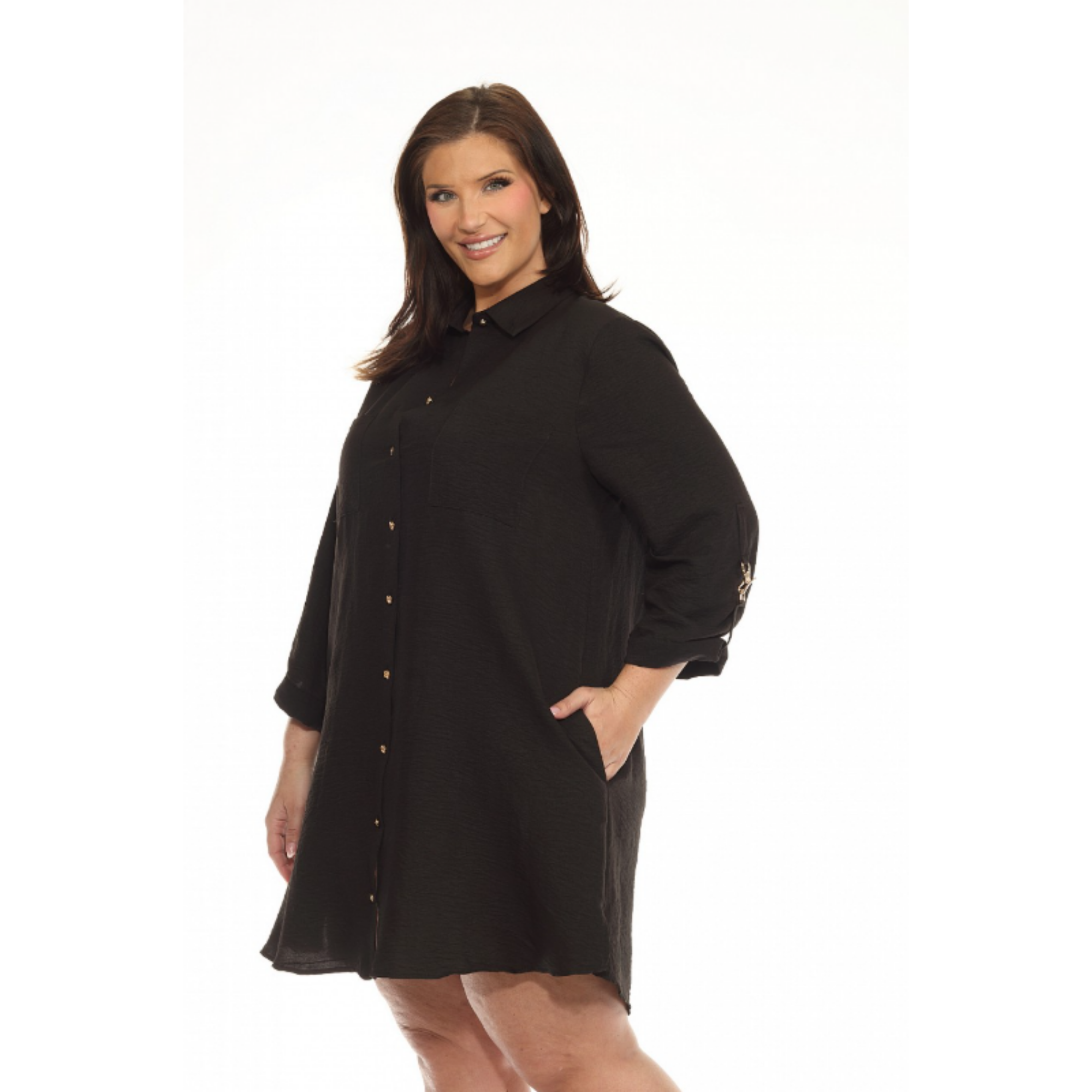 Black Button Down Dress with Gold Metal Hardware.