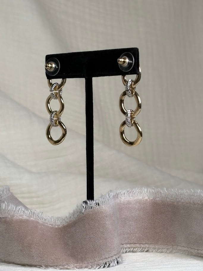 Brushed Gold and Silver Tri-Oval Dangle Earrings