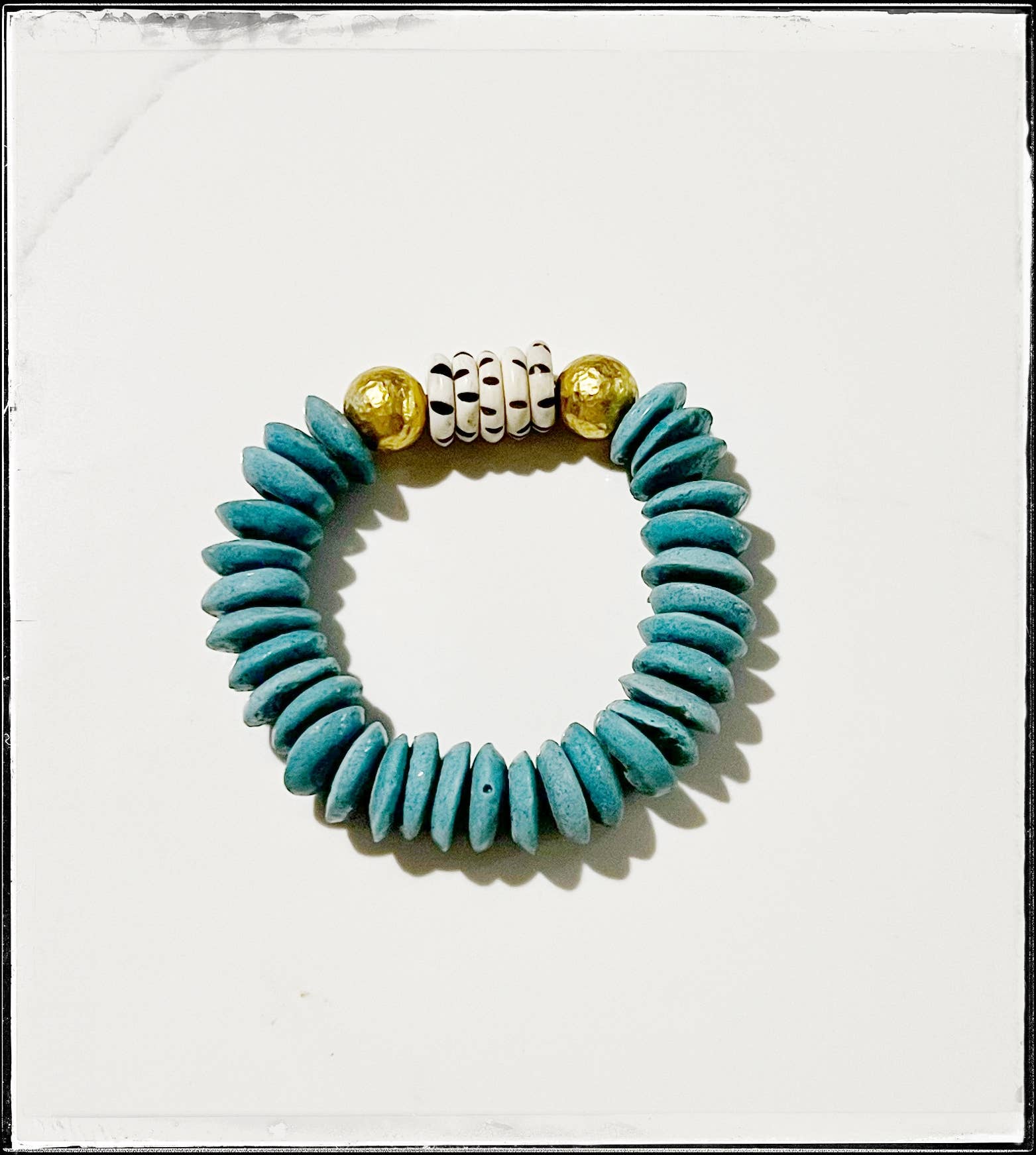 Ashanti Glass & Brass Bead Stretch Bracelet- Light Teal