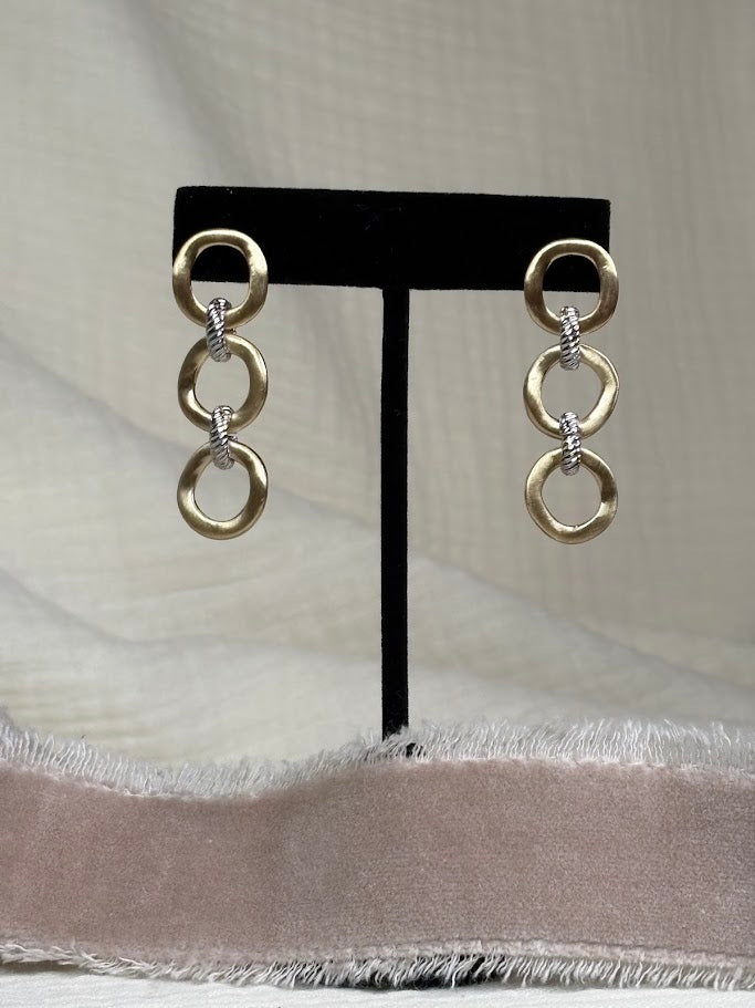 Brushed Gold and Silver Tri-Oval Dangle Earrings