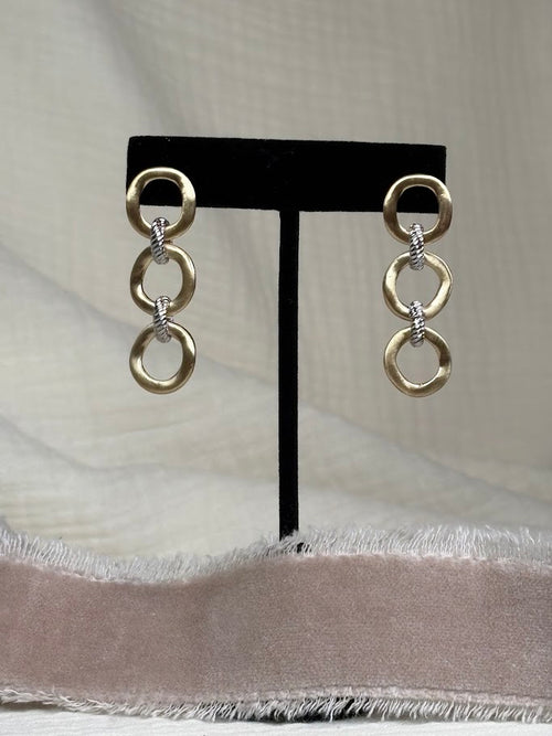 Brushed Gold and Silver Tri-Oval Dangle Earrings