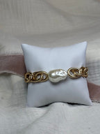 Gold Link Chain Stretchy Bracelet with Pearl