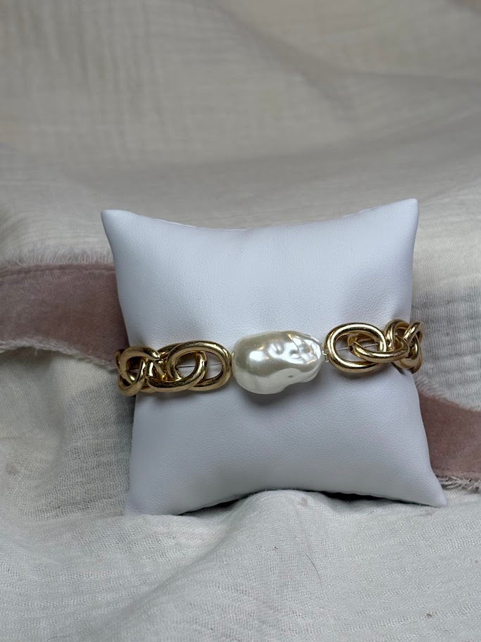 Gold Link Chain Stretchy Bracelet with Pearl