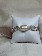 Silver Link Chain Stretchy Bracelet with Pearl