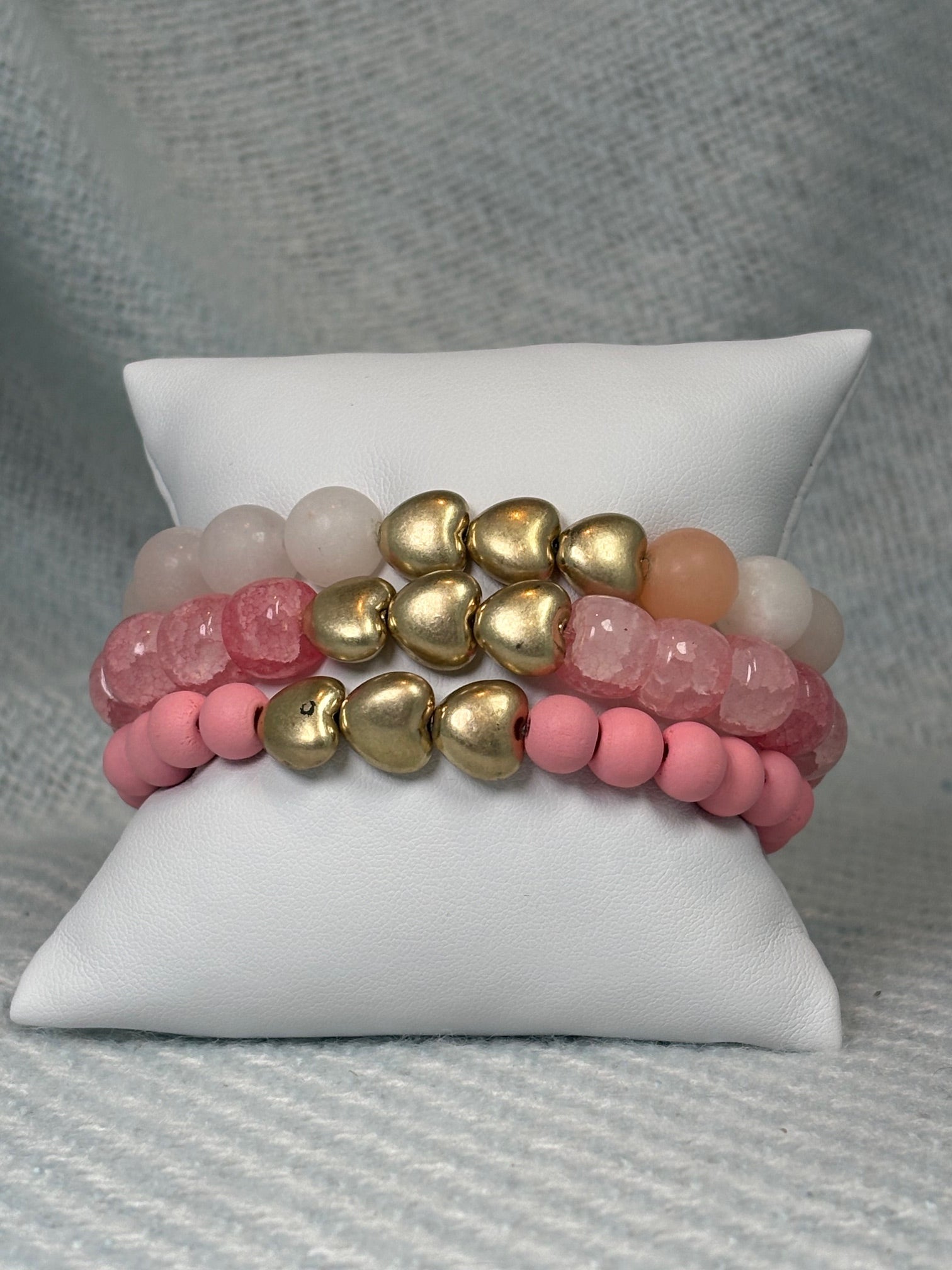Tri-heart Pink Stretchy Bracelet Set