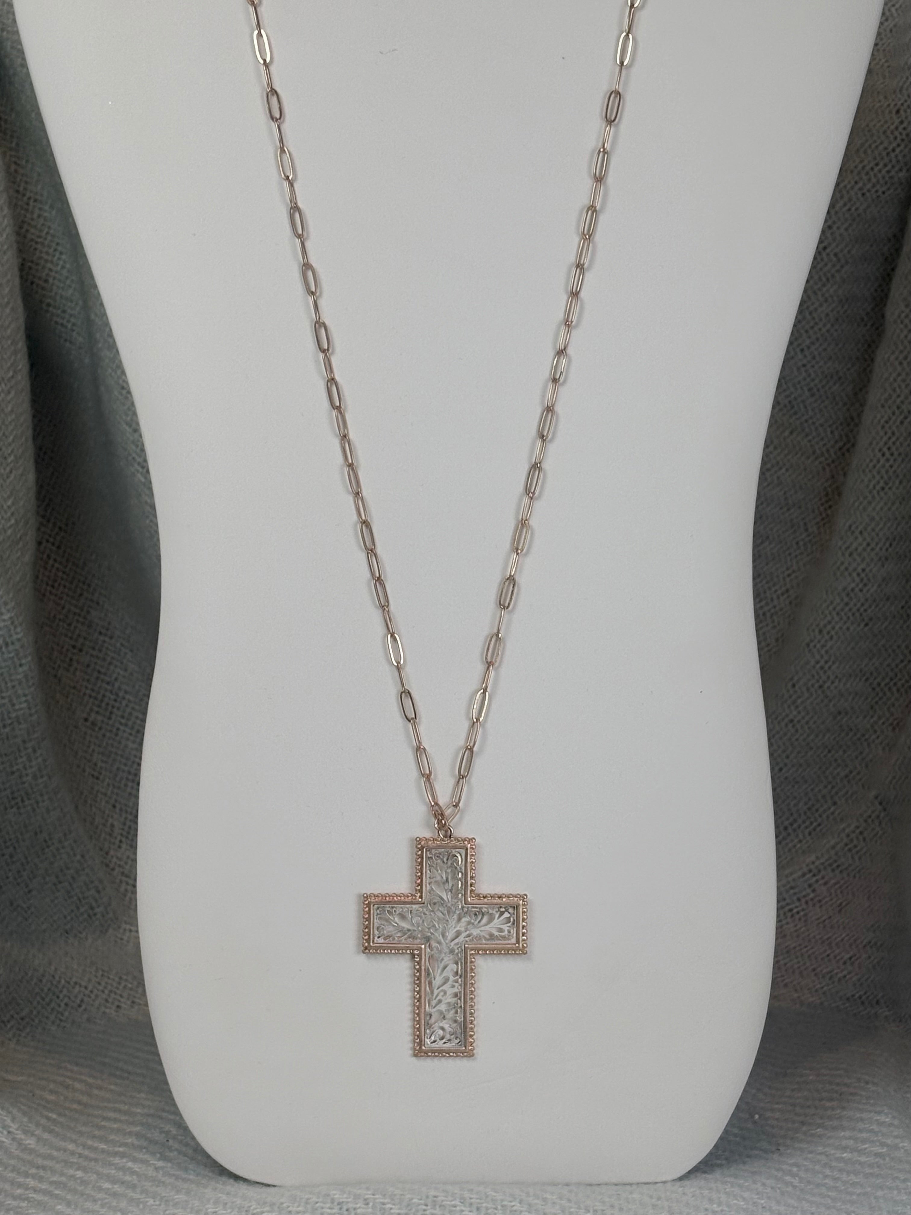 Gold with Silver Filagree Cross Necklace