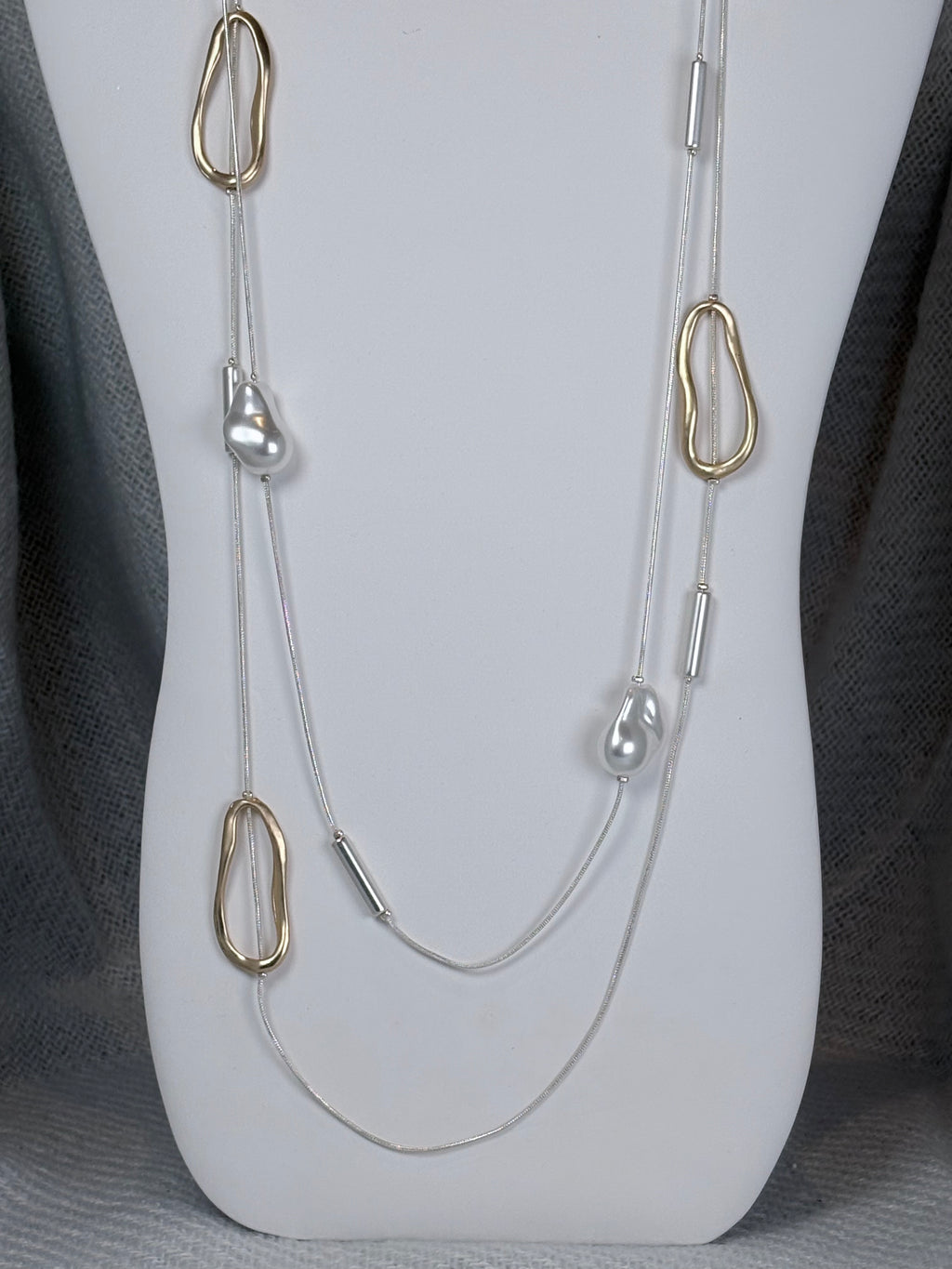Gold Oval and Chunky Pearl Silver Double Strand Long Necklace