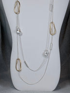 Gold Oval and Chunky Pearl Silver Double Strand Long Necklace