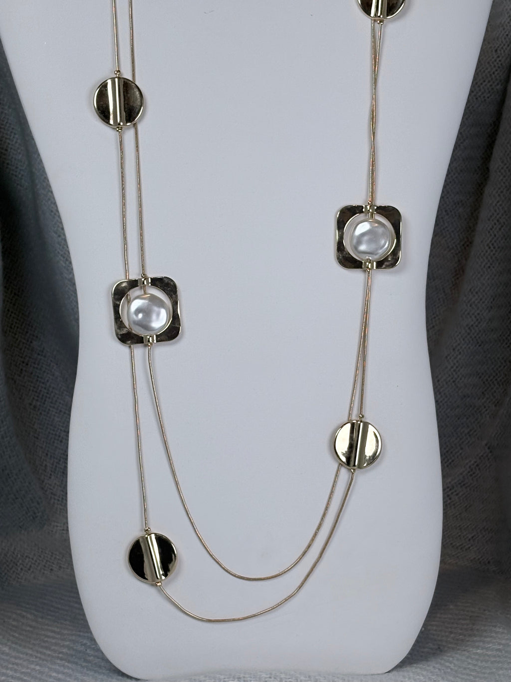 Gold Circle and Square with Flat Pearl and Gold Double Strand Long Necklace