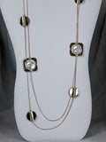 Gold Circle and Square with Flat Pearl and Gold Double Strand Long Necklace