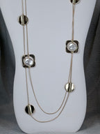 Gold Circle and Square with Flat Pearl and Gold Double Strand Long Necklace