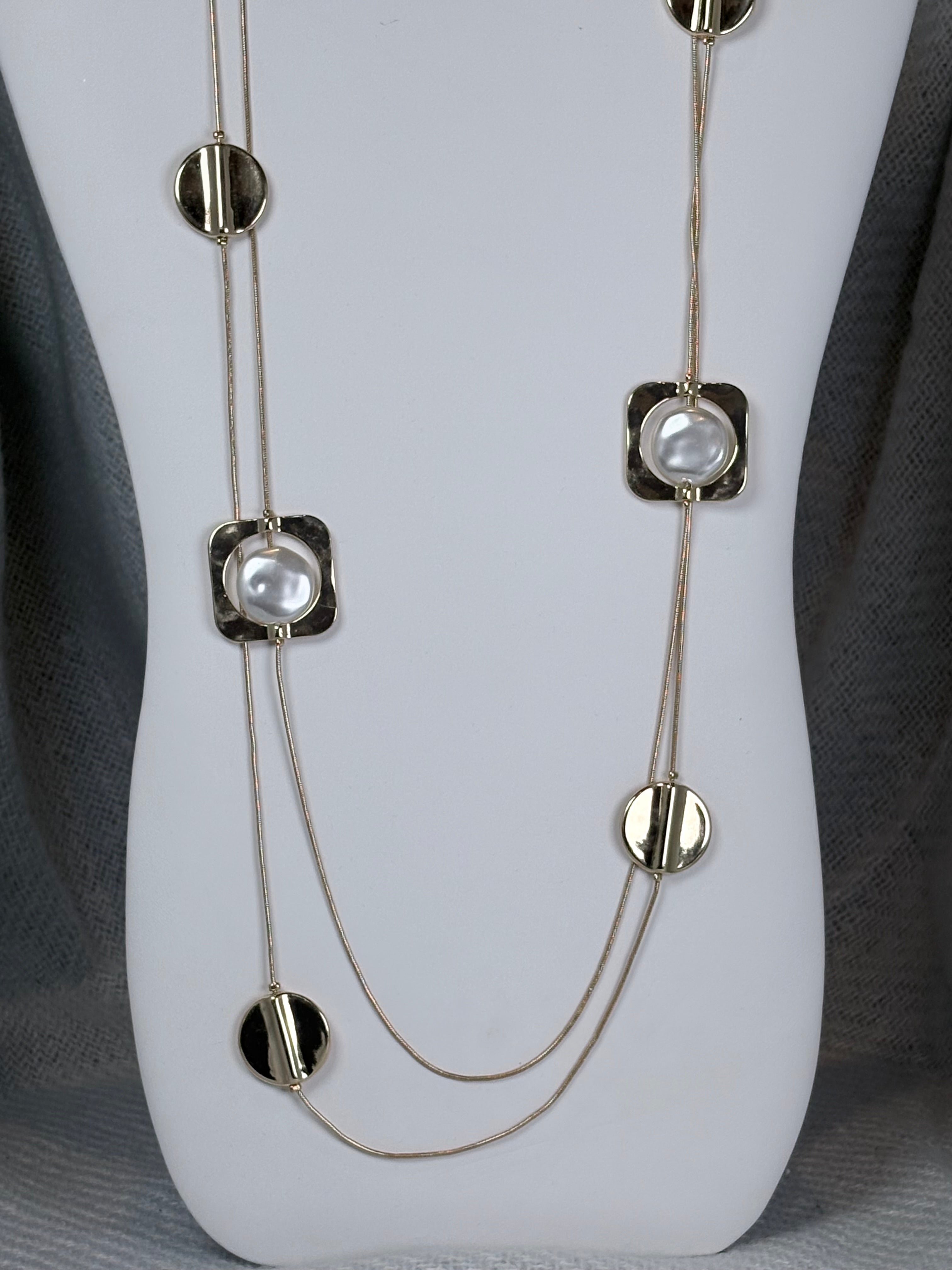 Gold Circle and Square with Flat Pearl and Gold Double Strand Long Necklace