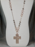 28 inch beaded necklace with hammered cross pendant