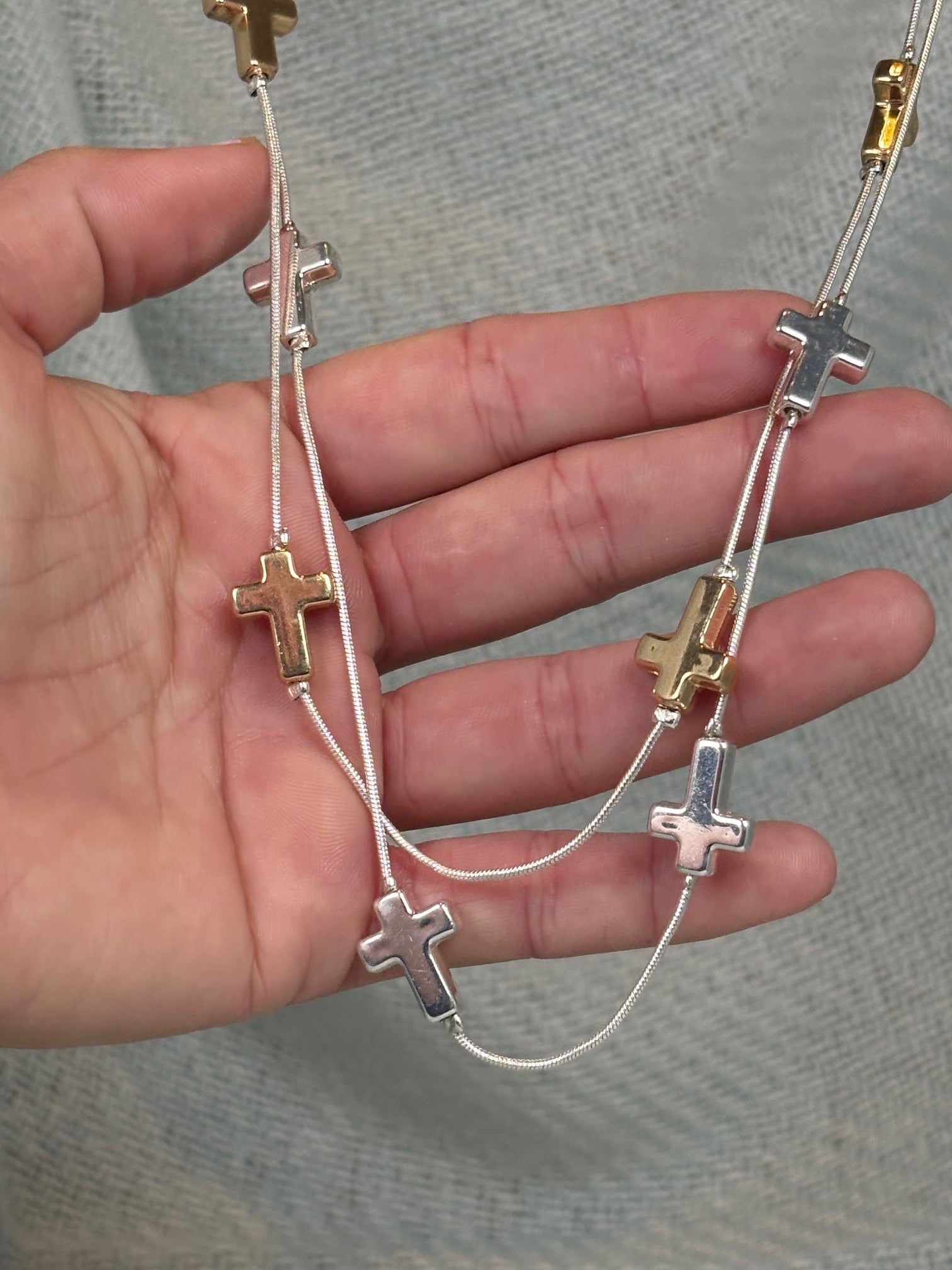 Gold and Silver Cross on Silver Double Strand Long Necklace