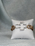 Hammered Silver Cross with Gold Link Chain Stretch Bracelet