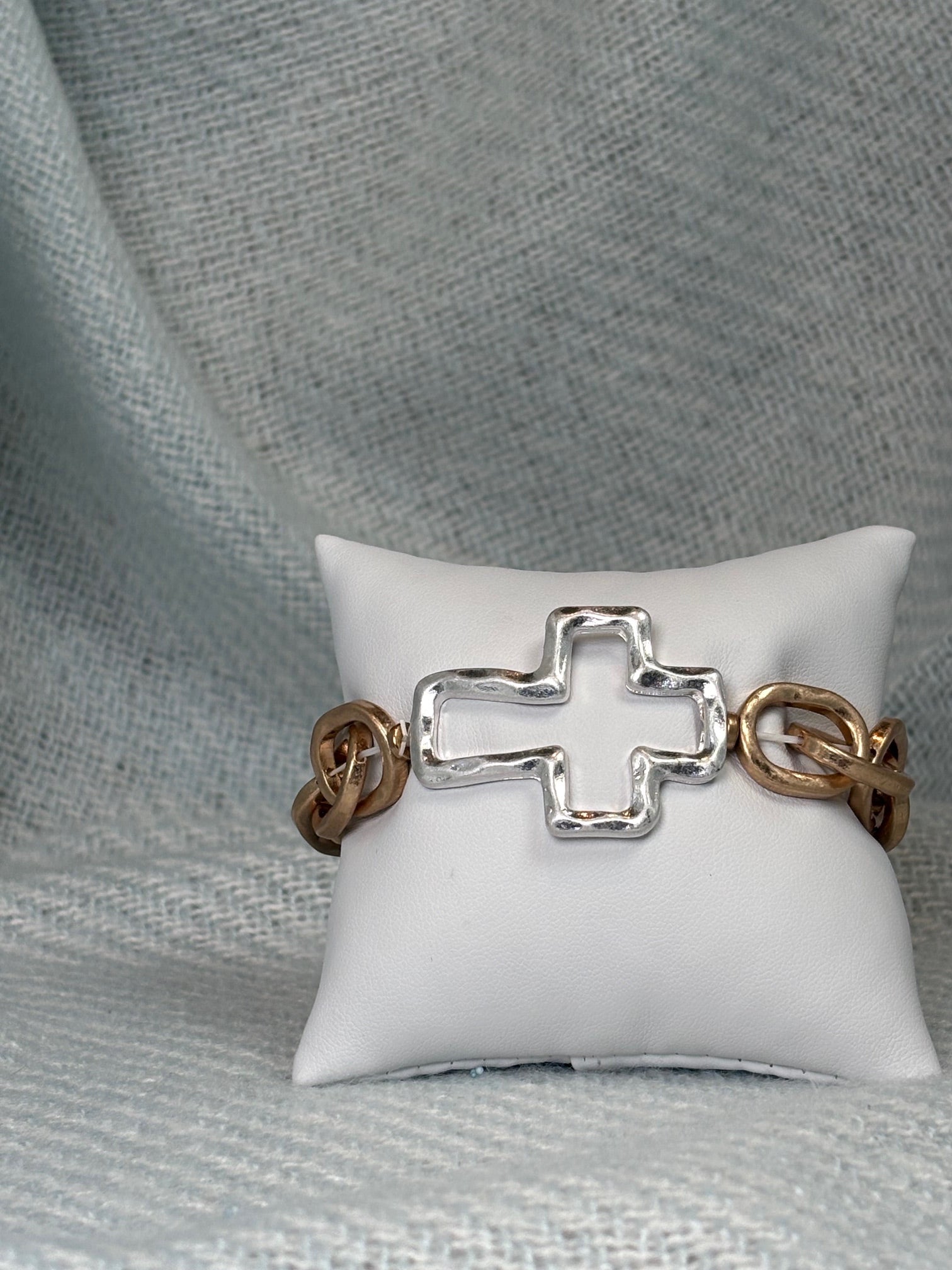 Hammered Silver Cross with Gold Link Chain Stretch Bracelet