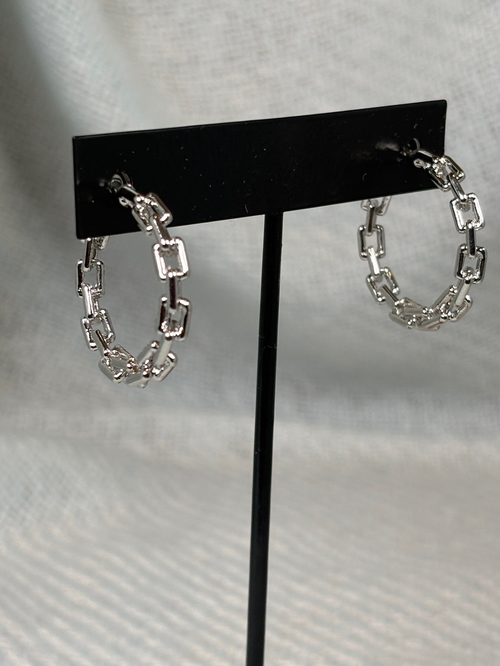 Silver Square Chain Medium Hoop Earrings