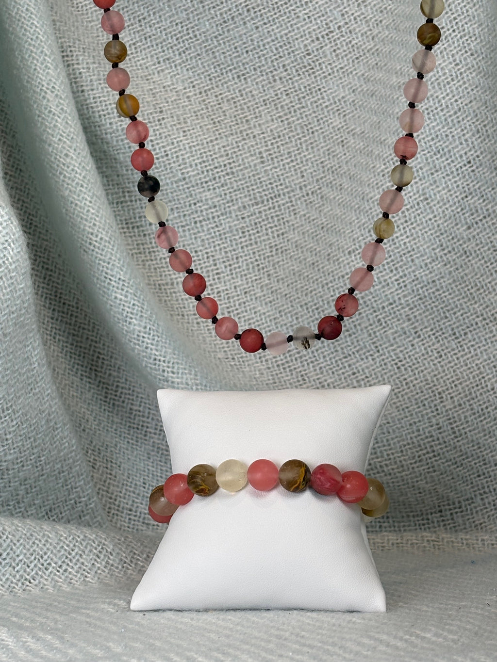Pink and Brown Semi Precious Stone Necklace with Matching Stretch Bracelet Set