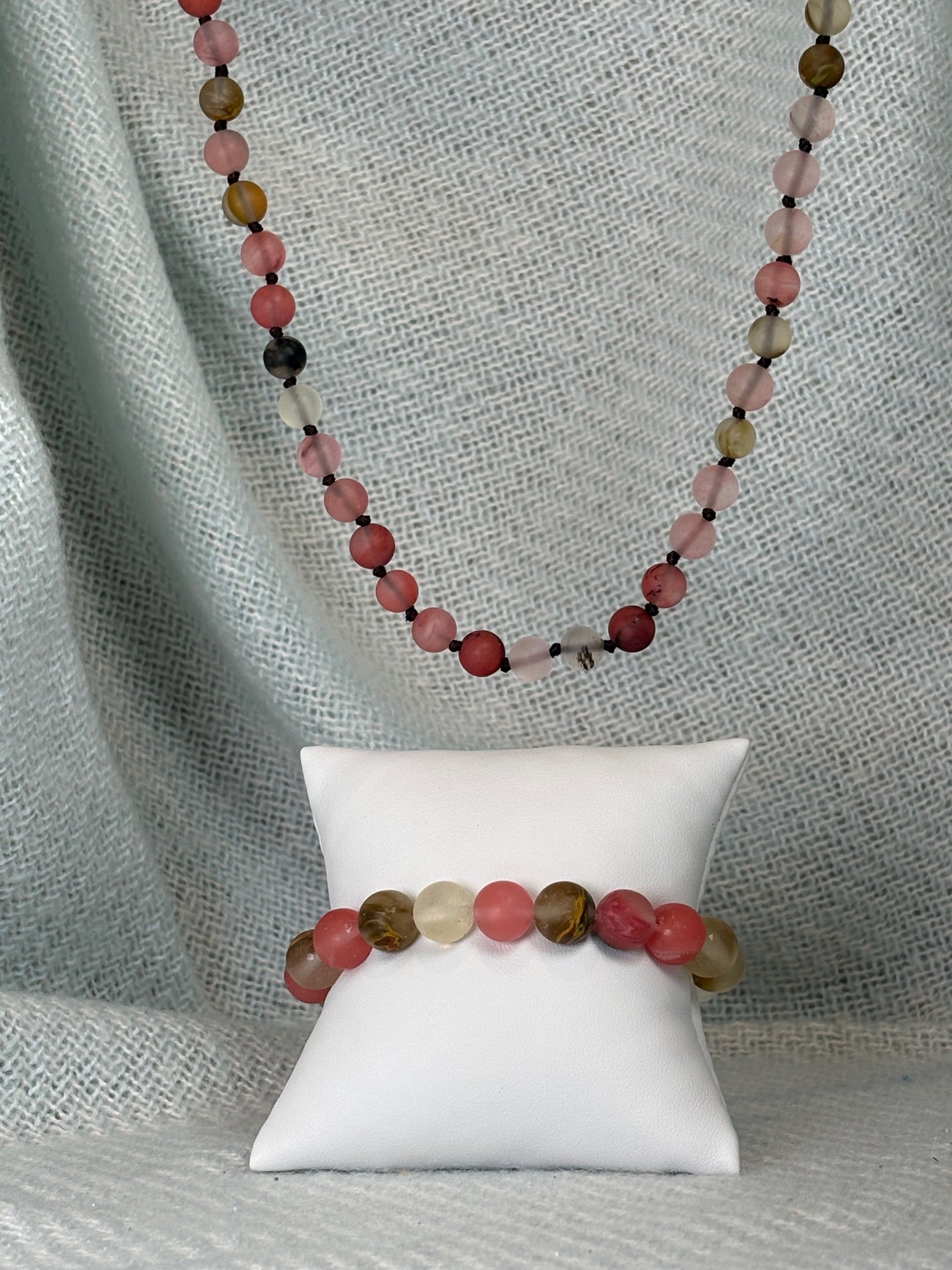 Pink and Brown Semi Precious Stone Necklace with Matching Stretch Bracelet Set