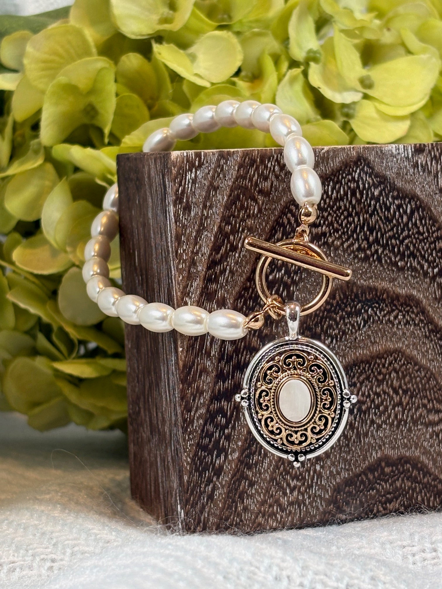 Designer Inspired Medallion with Opal and Pearl Bracelet