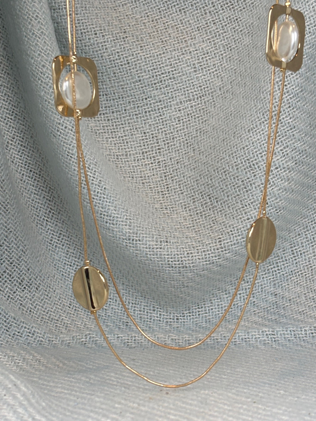 Gold Circle and Square with Flat Pearl and Gold Double Strand Long Necklace