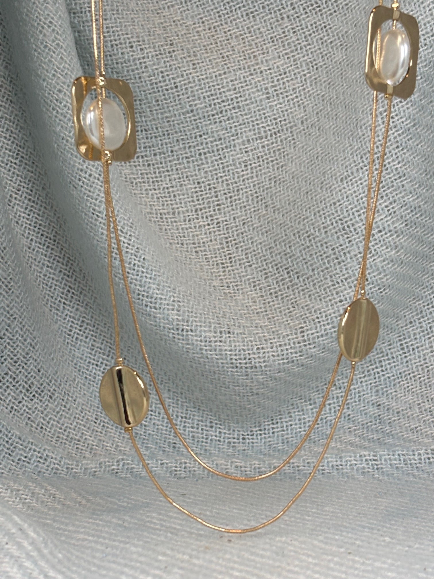 Gold Circle and Square with Flat Pearl and Gold Double Strand Long Necklace