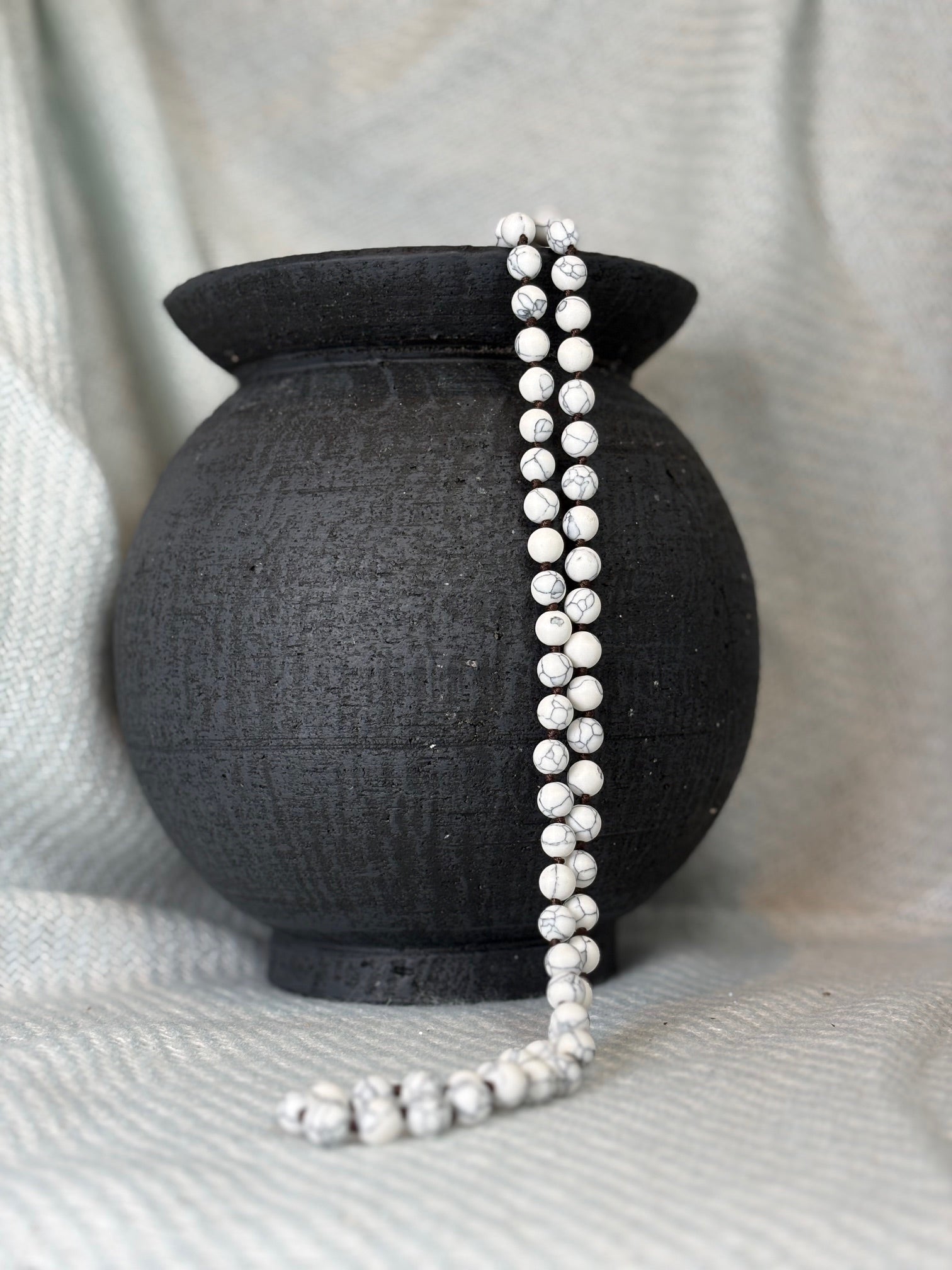 White Marbled Semi Precious Stone Necklace with Matching Stretch Bracelet Set