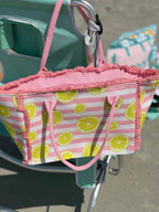 Lemon Pink and White Striped Tote
