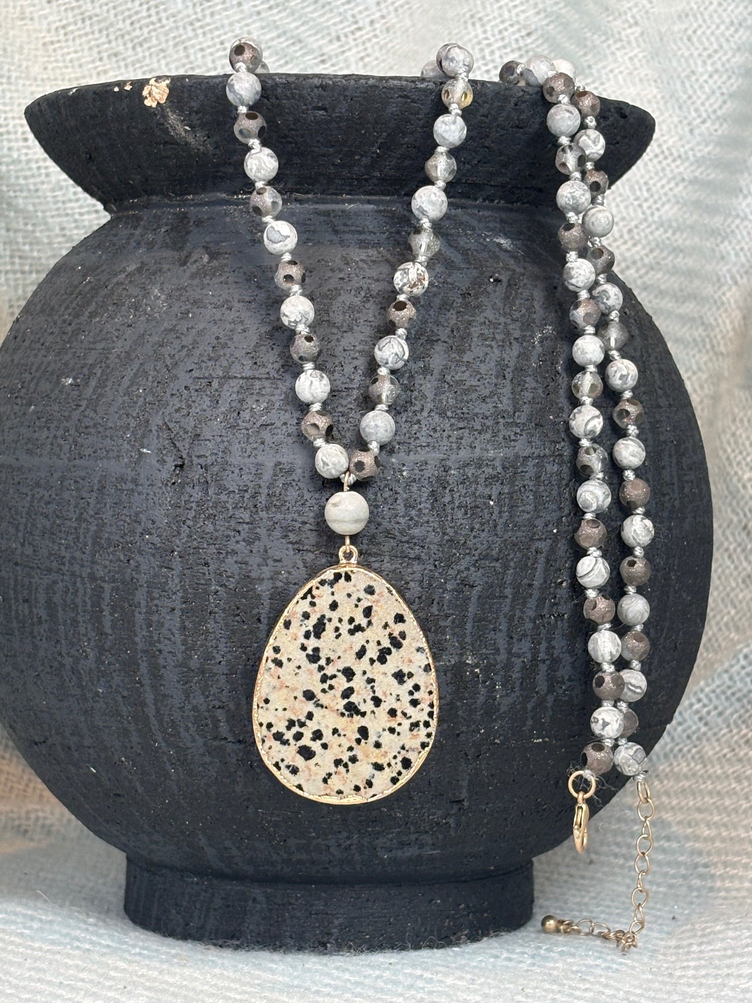 Dalmation Pendant with Stone Bead Necklace
