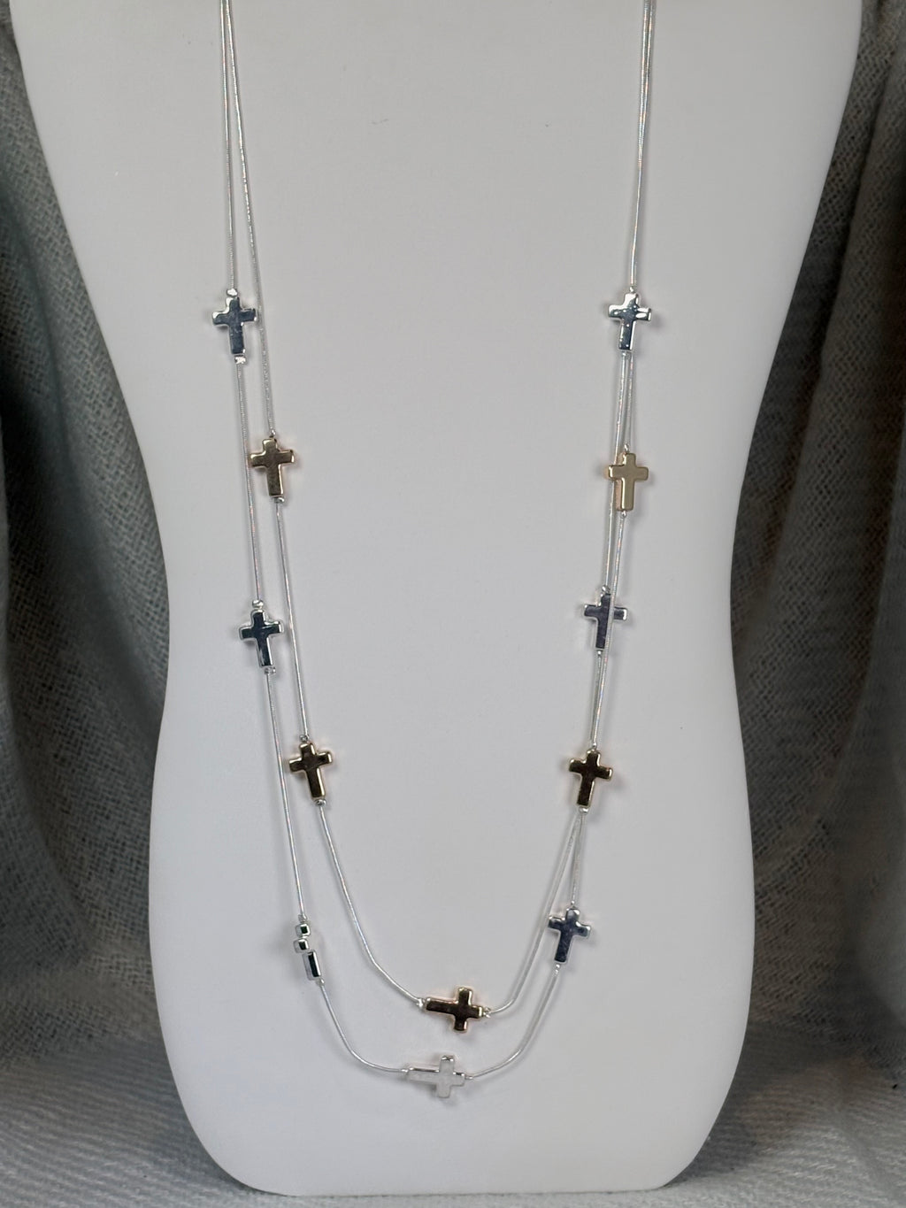 Gold and Silver Cross on Silver Double Strand Long Necklace