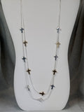 Gold and Silver Cross on Silver Double Strand Long Necklace
