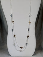 Gold and Silver Cross on Silver Double Strand Long Necklace