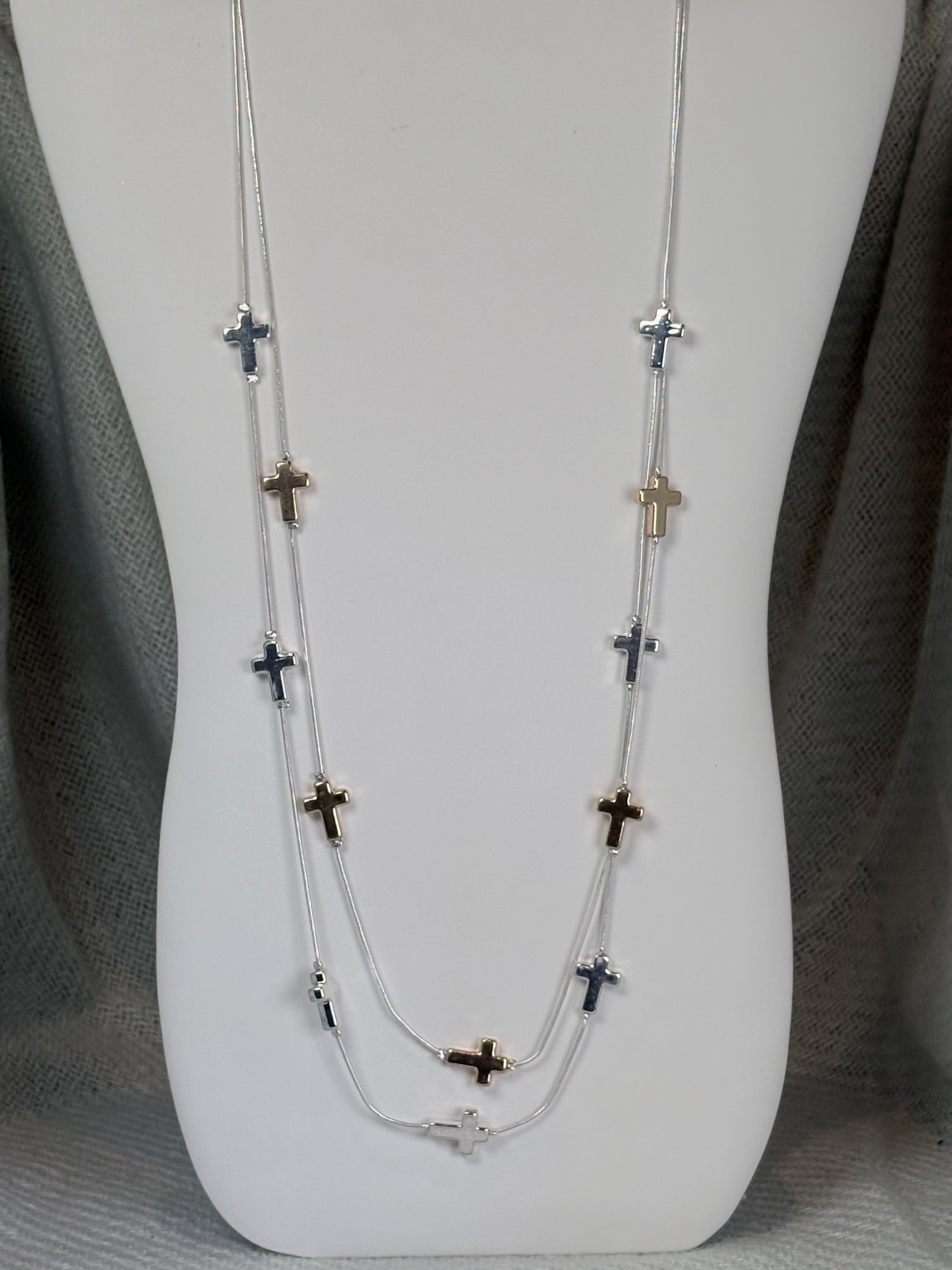 Gold and Silver Cross on Silver Double Strand Long Necklace