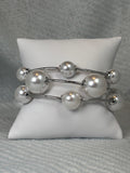 Chunky pearl and silver rod stretch bracelet set