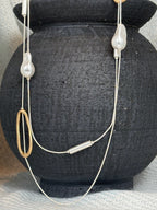 Gold Oval and Chunky Pearl Silver Double Strand Long Necklace