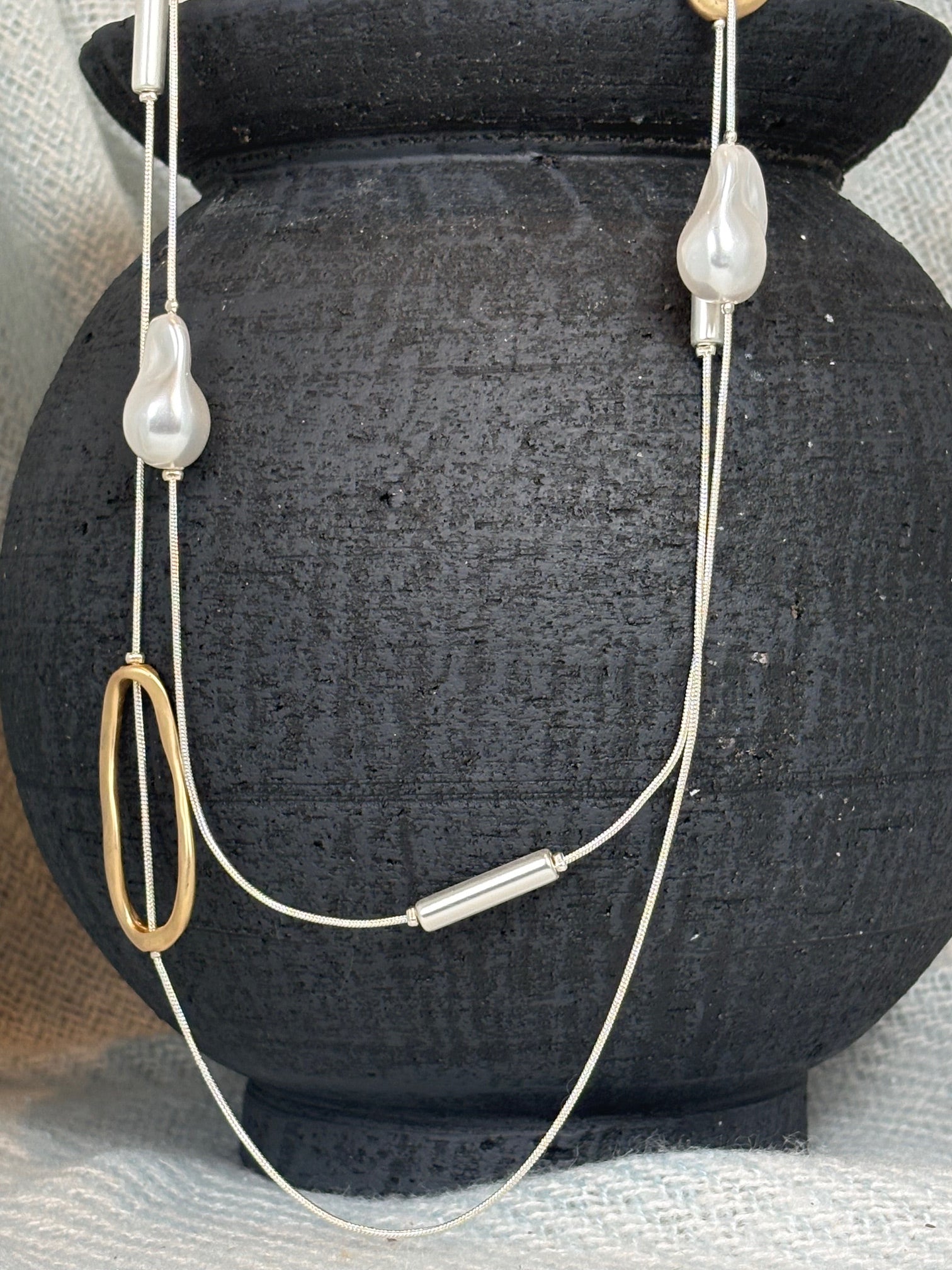 Gold Oval and Chunky Pearl Silver Double Strand Long Necklace