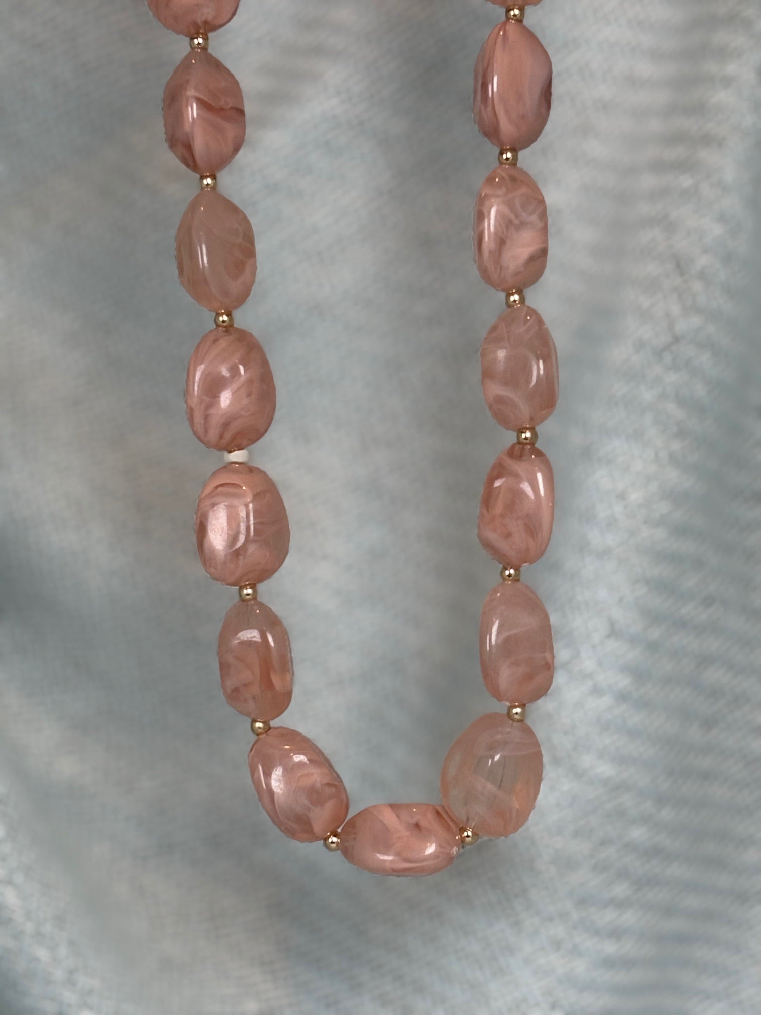 Creamy Pink Stone with Gold Beads Necklace