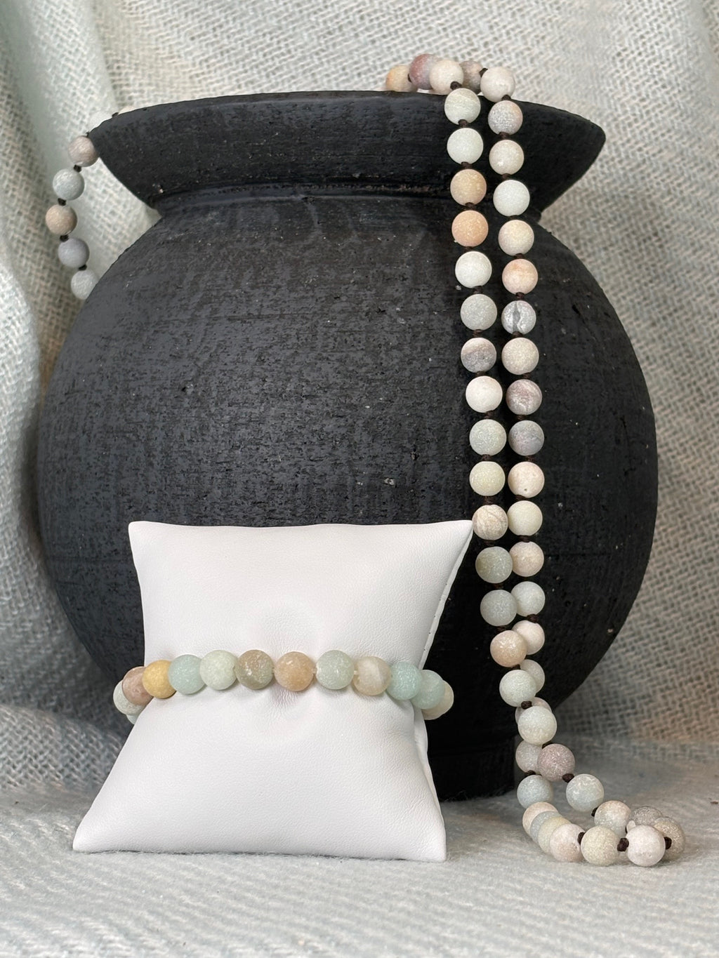 Amazonite Semi Precious Stone Necklace with Matching Stretch Bracelet Set