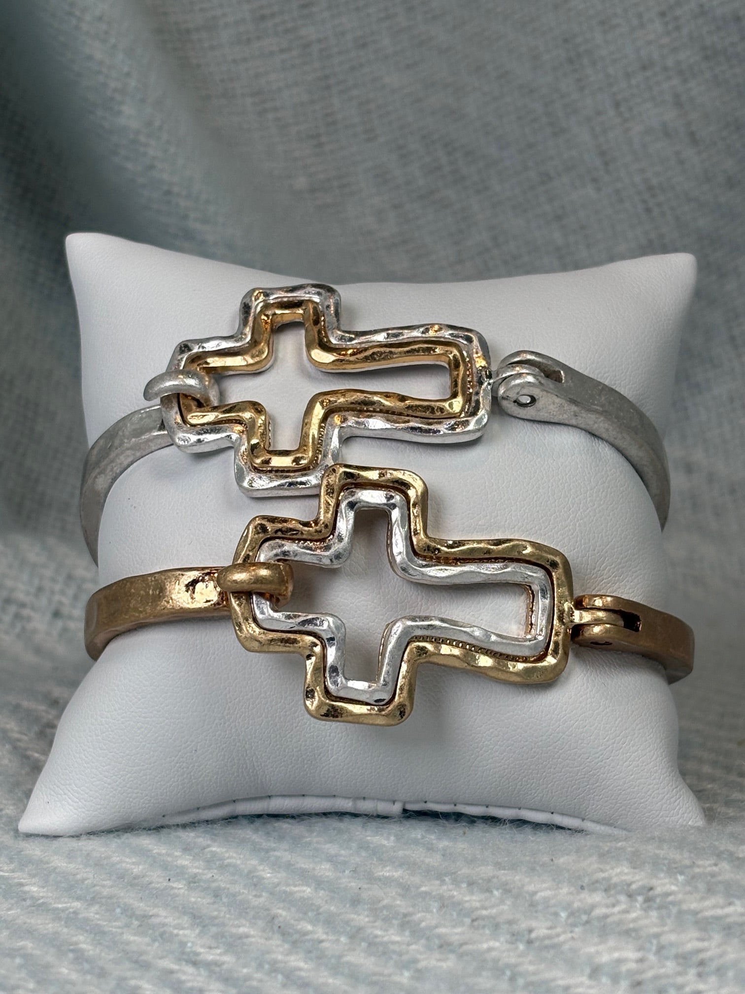 Hammered Silver with inset Gold Cross Bracelet