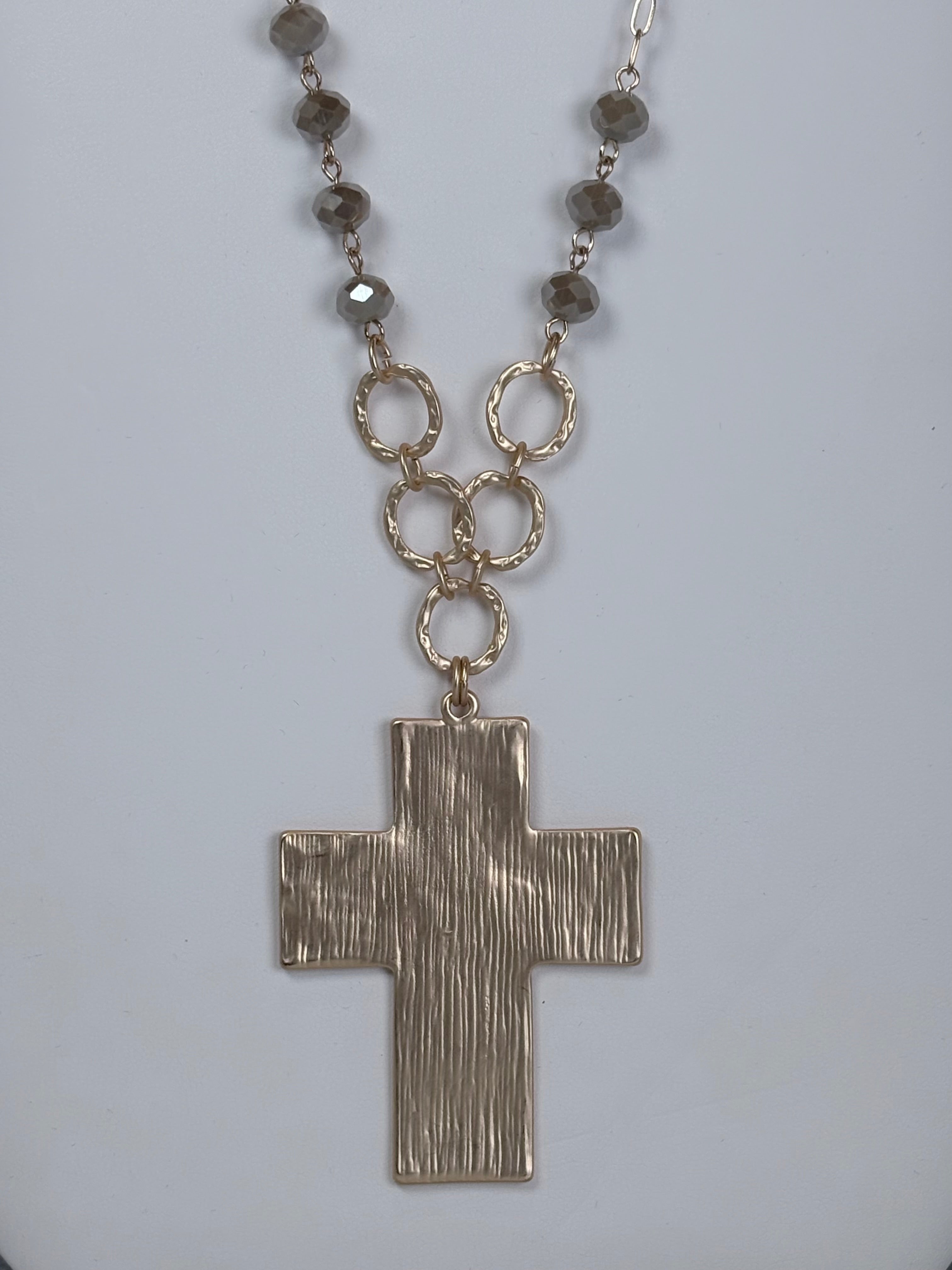 28 inch beaded necklace with hammered cross pendant