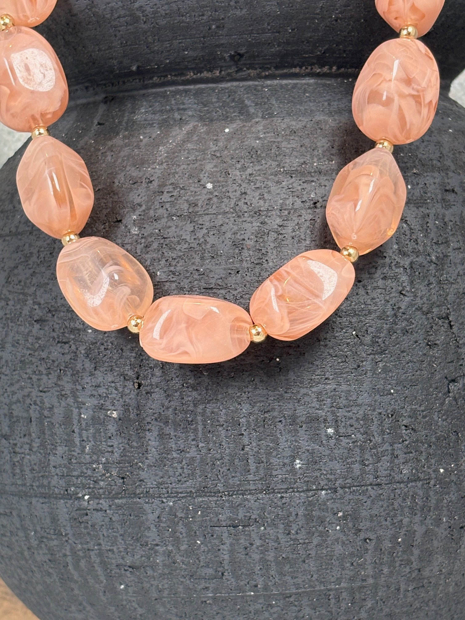Creamy Pink Stone with Gold Beads Necklace