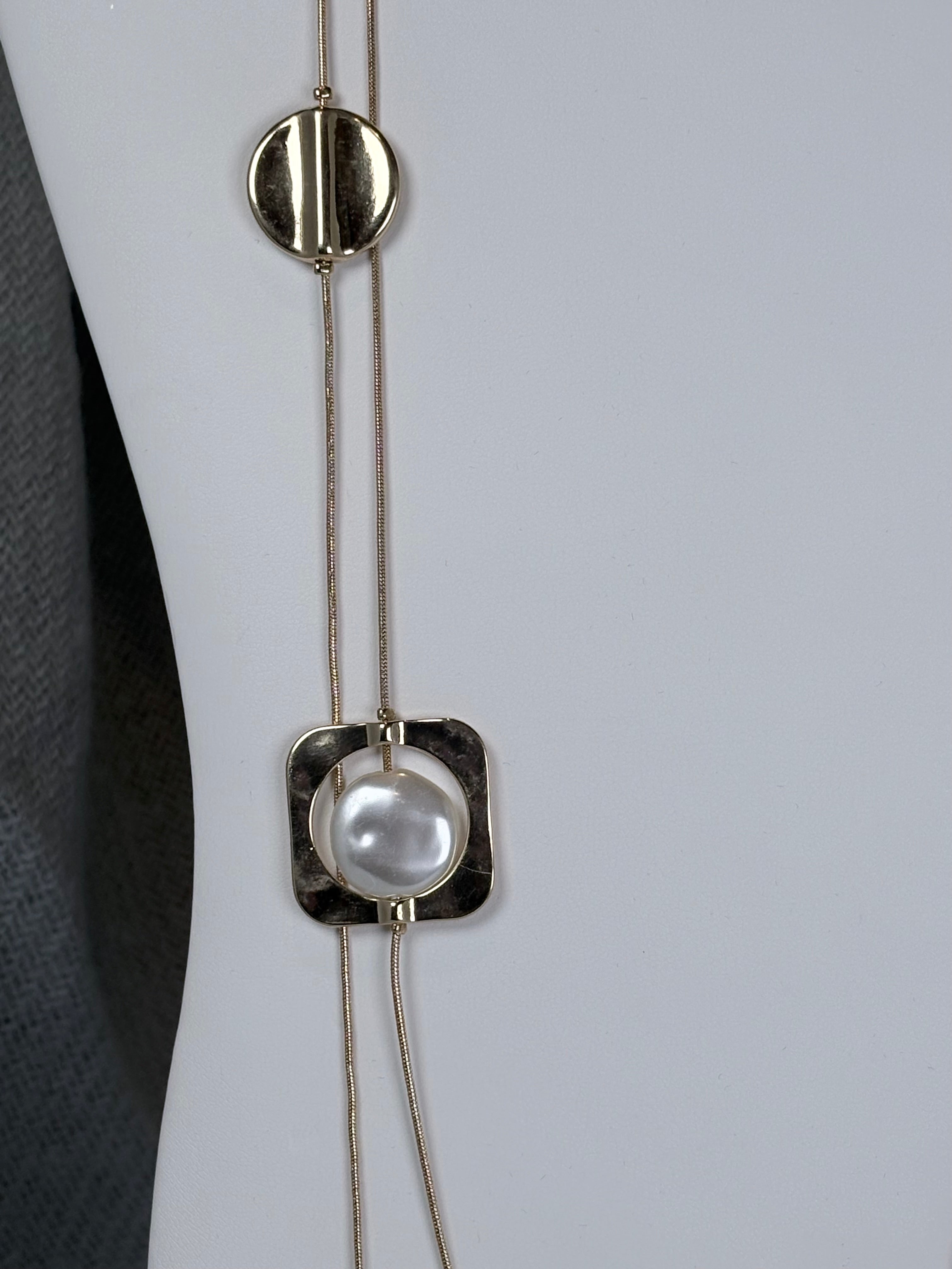 Gold Circle and Square with Flat Pearl and Gold Double Strand Long Necklace