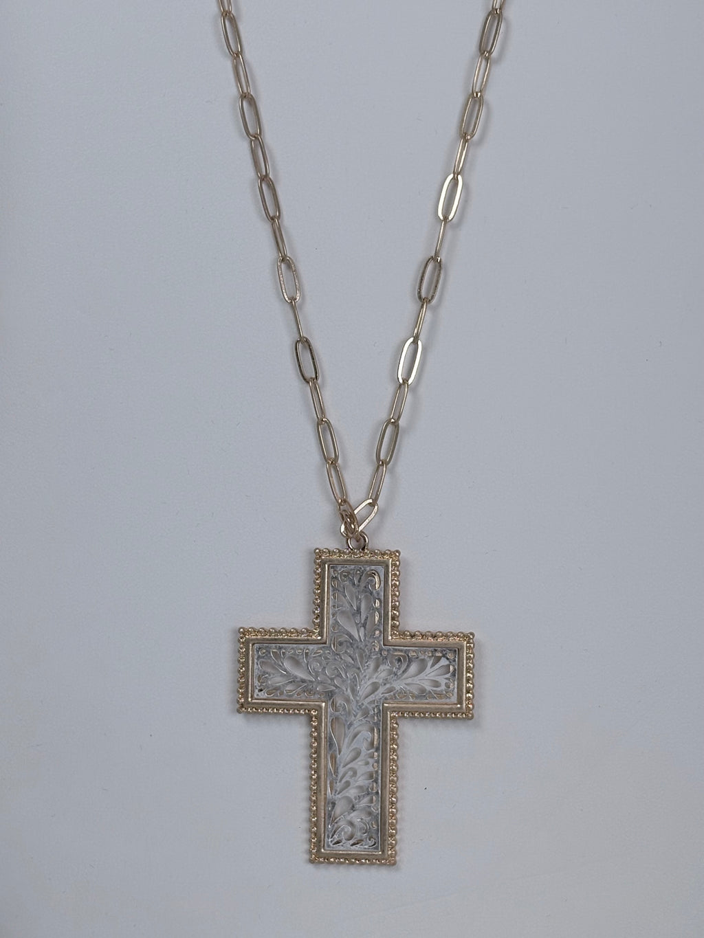 Gold with Silver Filagree Cross Necklace