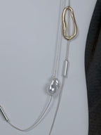Gold Oval and Chunky Pearl Silver Double Strand Long Necklace