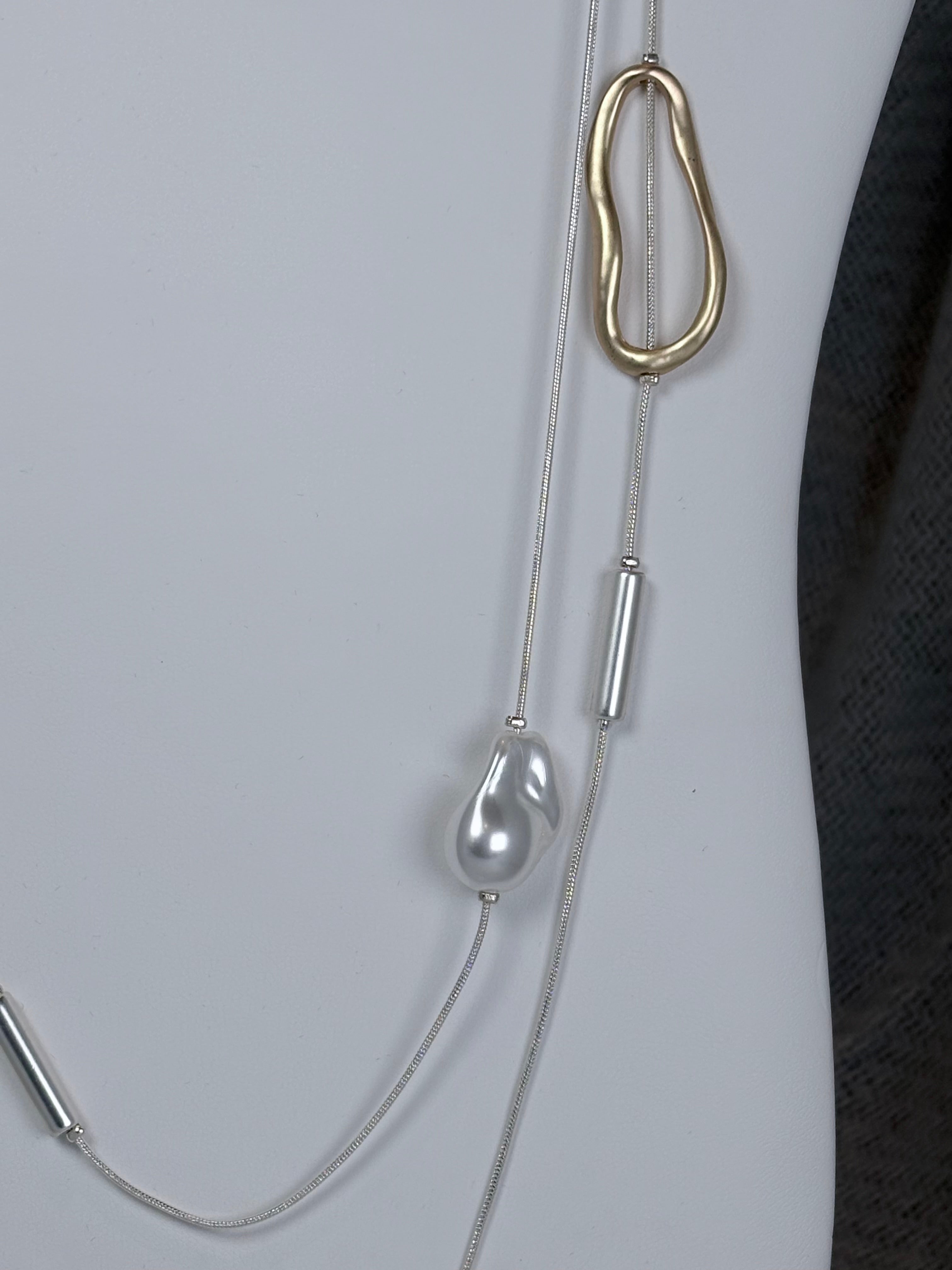 Gold Oval and Chunky Pearl Silver Double Strand Long Necklace