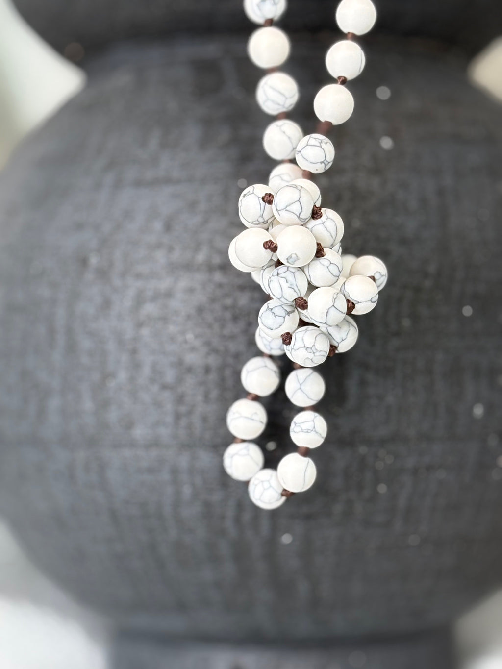 White Marbled Semi Precious Stone Necklace with Matching Stretch Bracelet Set