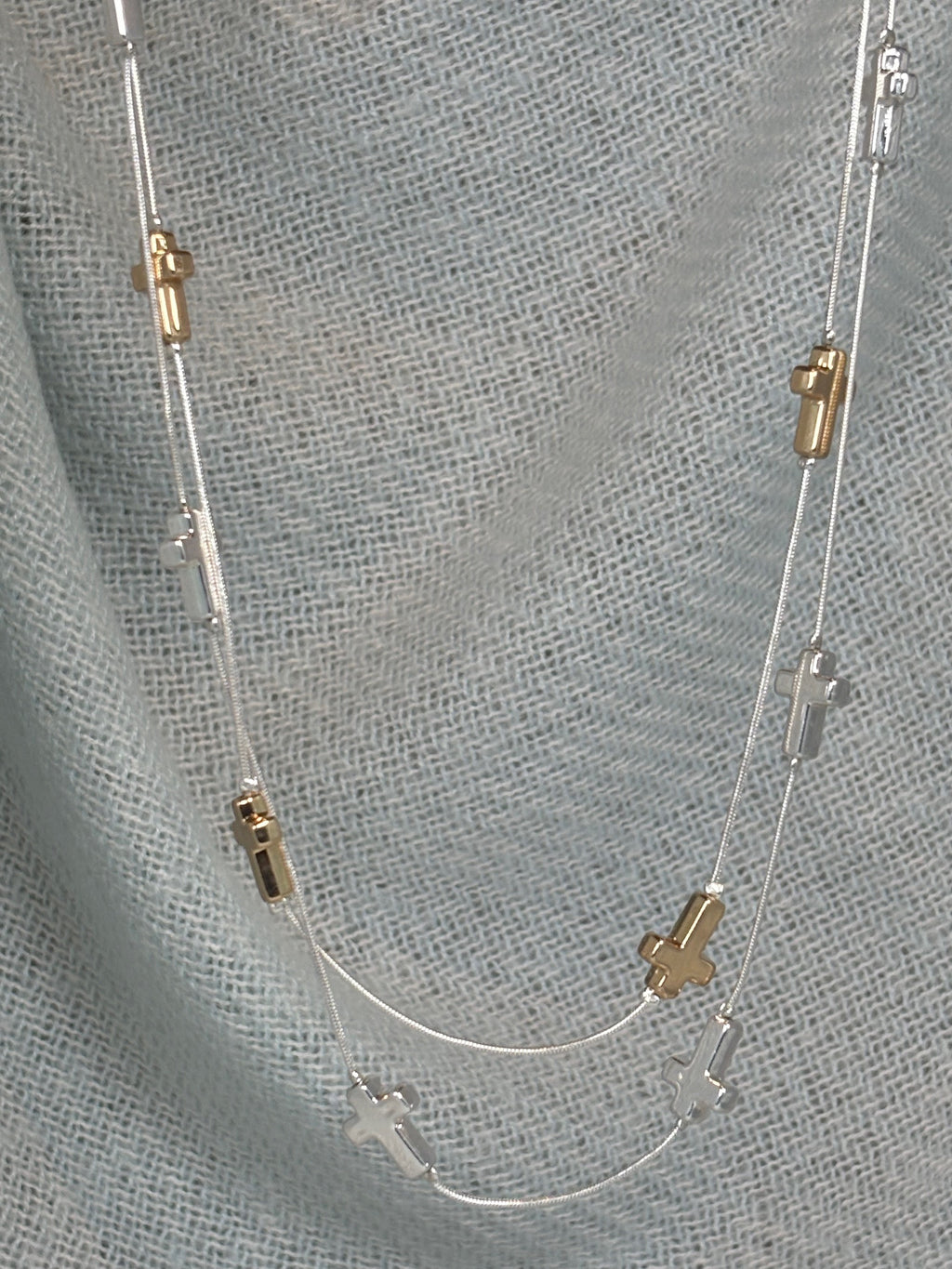 Gold and Silver Cross on Silver Double Strand Long Necklace