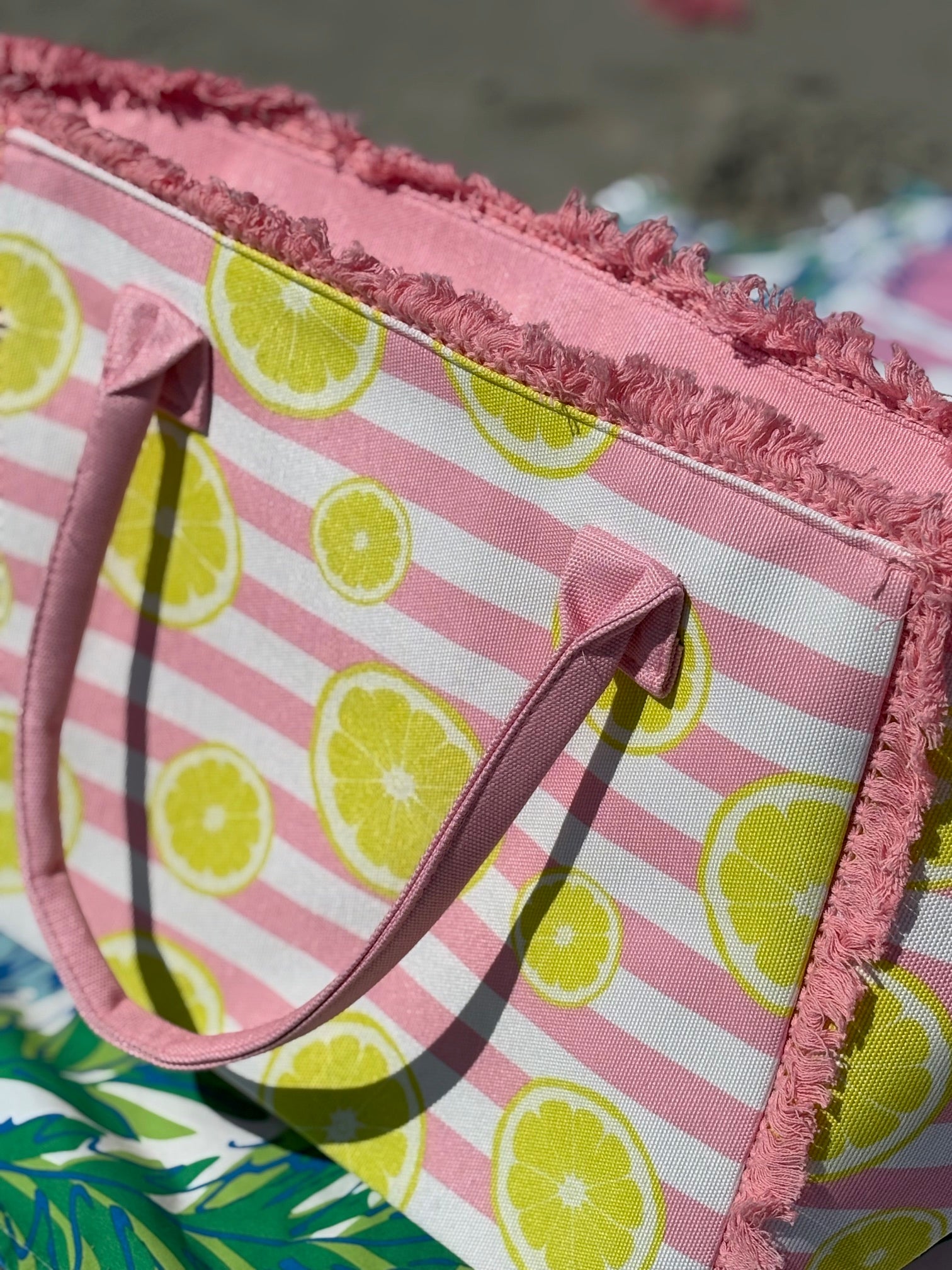 Lemon Pink and White Striped Tote